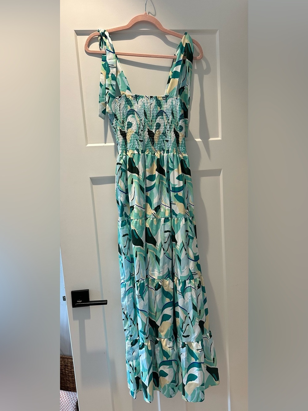 Tie-Shoulder Tiered Maxi Dress in Teal Print
